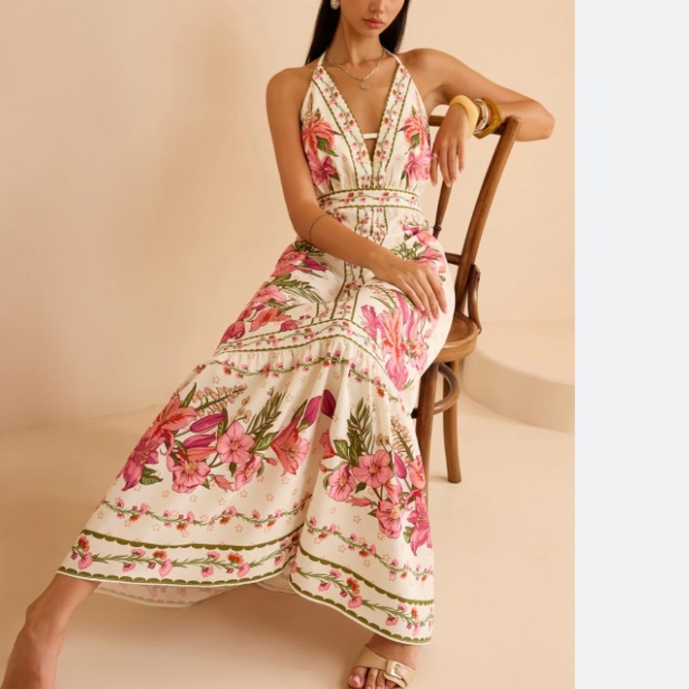 COMMENSE Pink Green Floral Print Halter Open Back Maxi Dress NWT - Picture 8 of 16